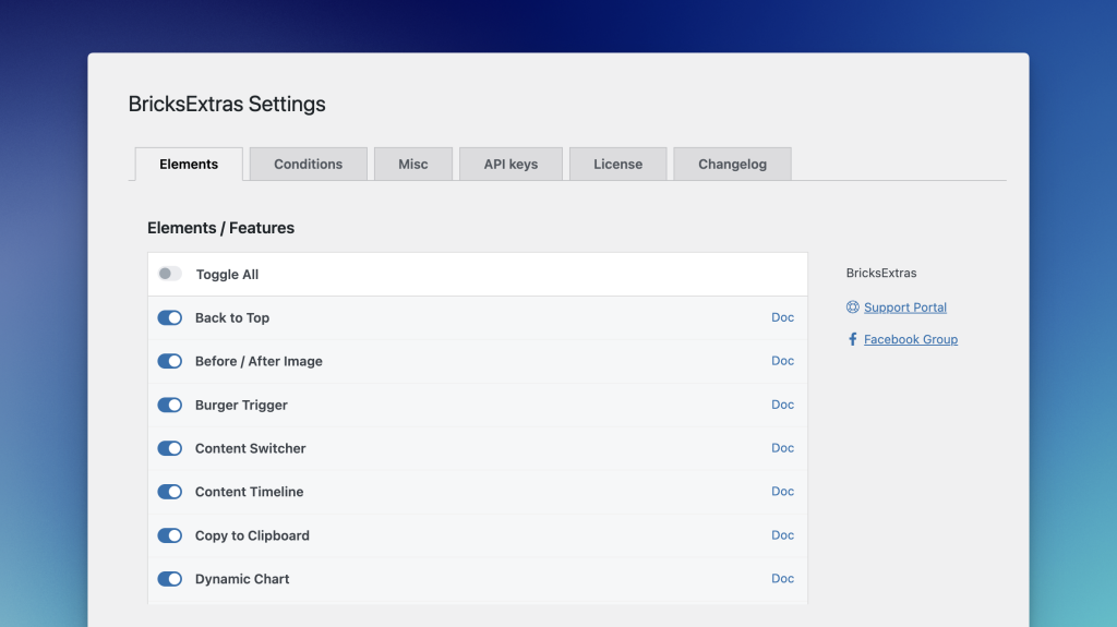 bricks extras settings