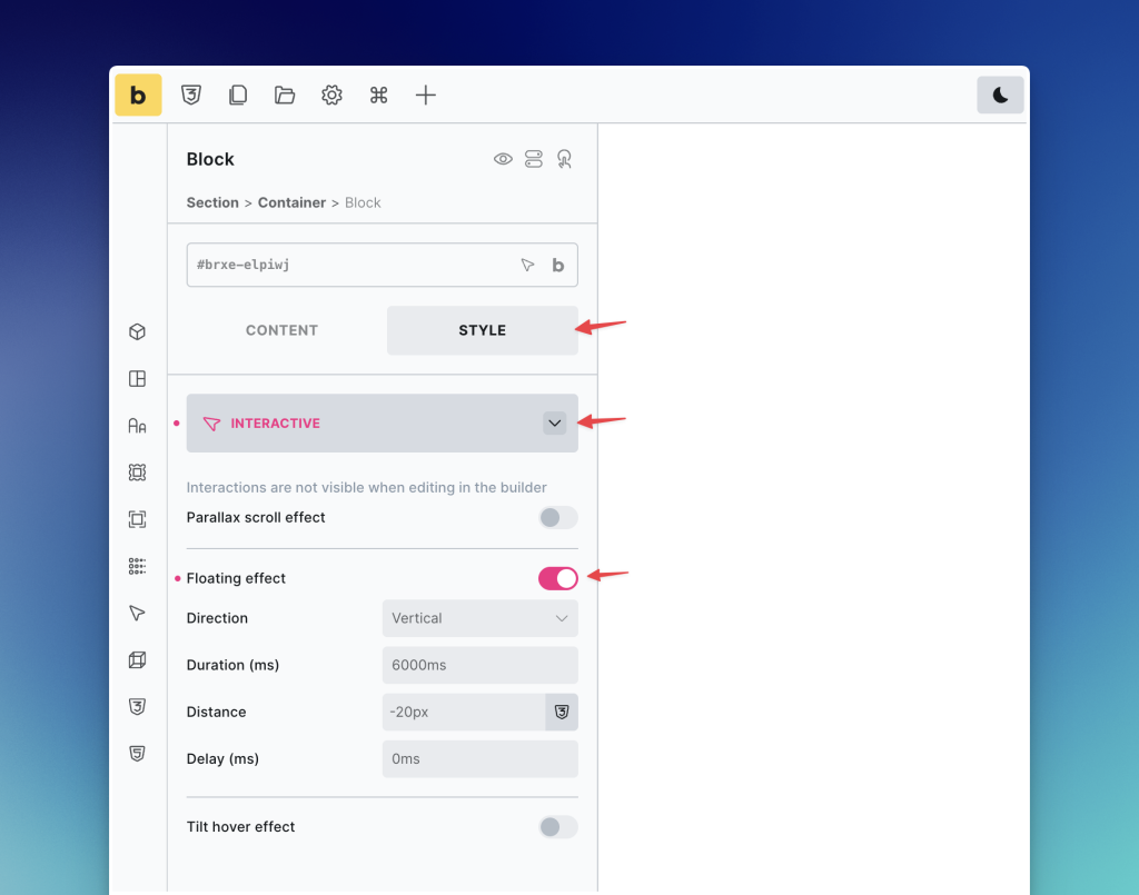 floating effect settings