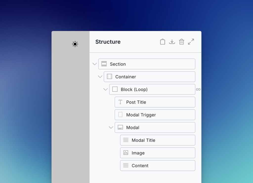 Structure panel showing modal inside query loop